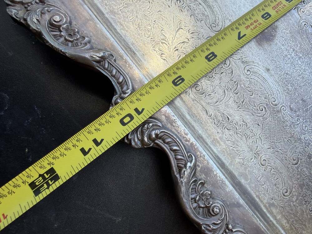 VNTG Ornate Silver Plated Footed Etched Butler Tray Handles L 24” W 10” Heavy - Picture 7 of 11